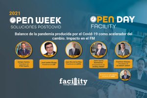 Facility Open Day. Enrique Carrero, presidente de IFMA España; José Andrés Elízaga, presidente de AMI; Juan Díez de los Ríos, presidente de ASPEL; Javier García Montesinos, vicepresidente de BuildingSMART; Francisco Vázquez, presidente de 3G Smart Group; con Luis Cabrera, presidente de ANESE, moderador.